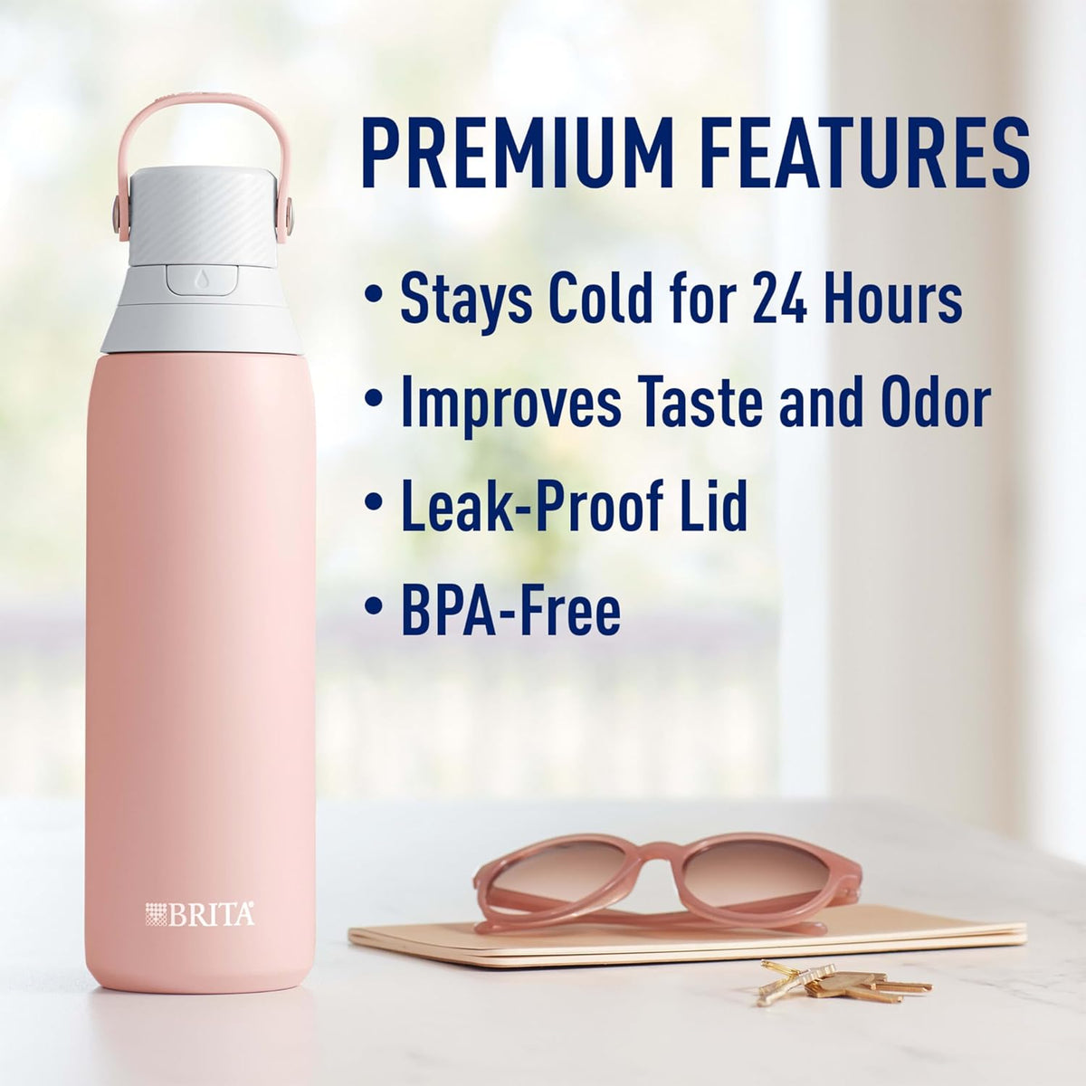 Stainless Steel Premium Filtering Water Bottle, BPA-Free, Reusable, Insulated, Replaces 300 Plastic Water Bottles, Filter Lasts 2 Months or 40 Gallons, Includes 1 Filter, Glacier - 20 oz