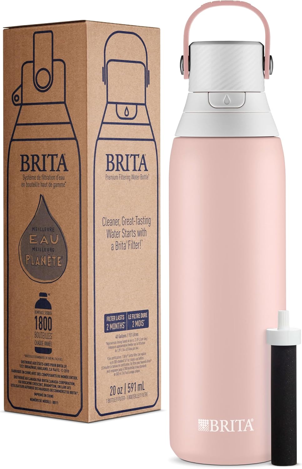 Stainless Steel Premium Filtering Water Bottle, BPA-Free, Reusable, Insulated, Replaces 300 Plastic Water Bottles, Filter Lasts 2 Months or 40 Gallons, Includes 1 Filter, Glacier - 20 oz