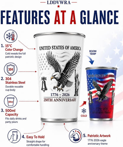 Magic Color-Changing Anniversary Tumbler 250th Patriotic Cups America Cold Change USA Stainless Steel Eagle Cup 1776 2026 Party Activated Mug Reusable Red White Blue Celebration Gift