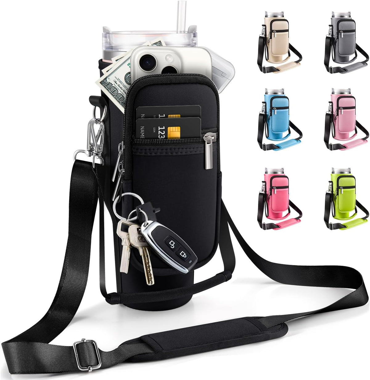 Water Bottle Carrier Bag for Stanley Cup 40 oz with Phone & Storage Pockets