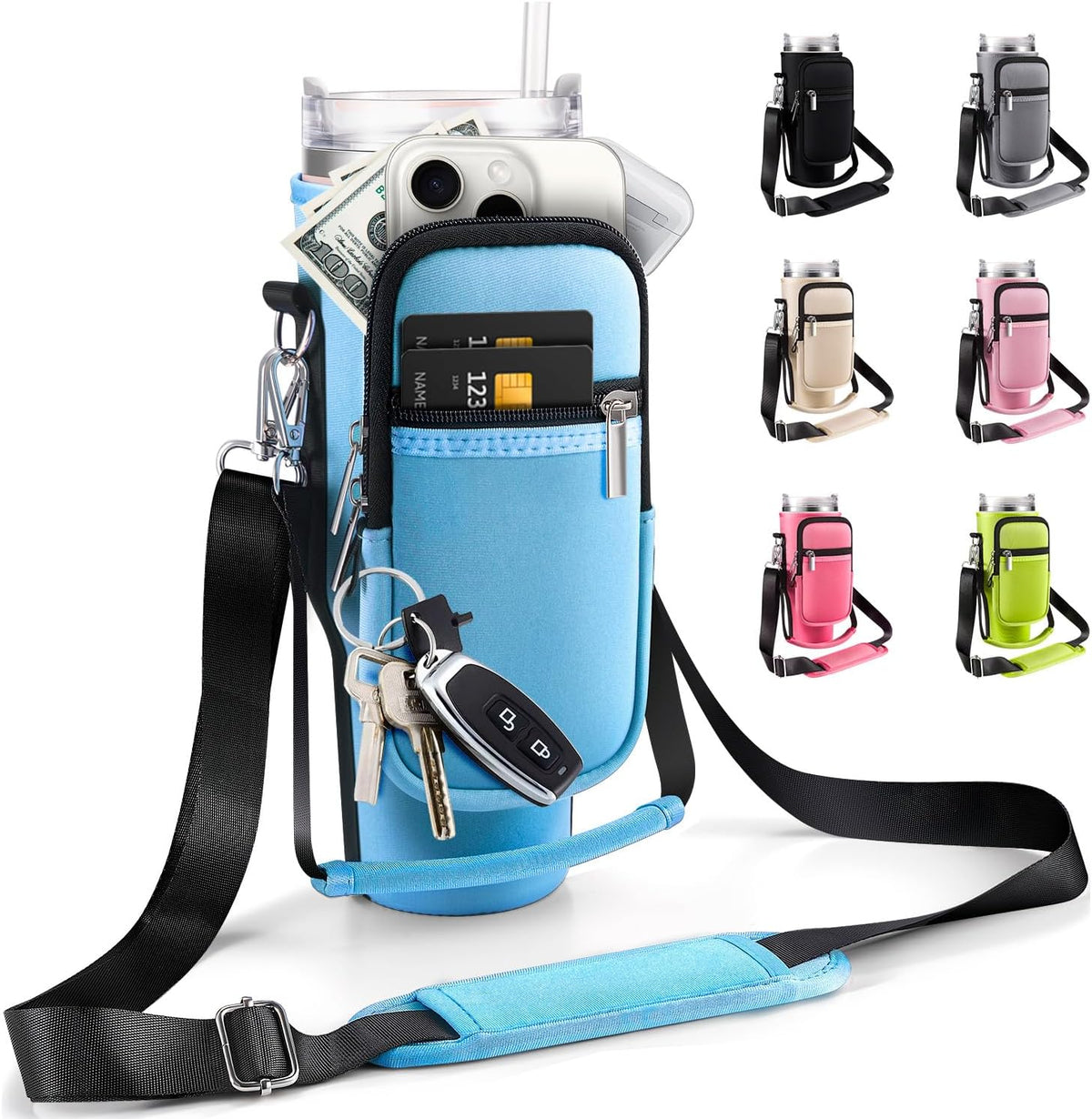 Water Bottle Carrier Bag for Stanley Cup 40 oz with Phone & Storage Pockets