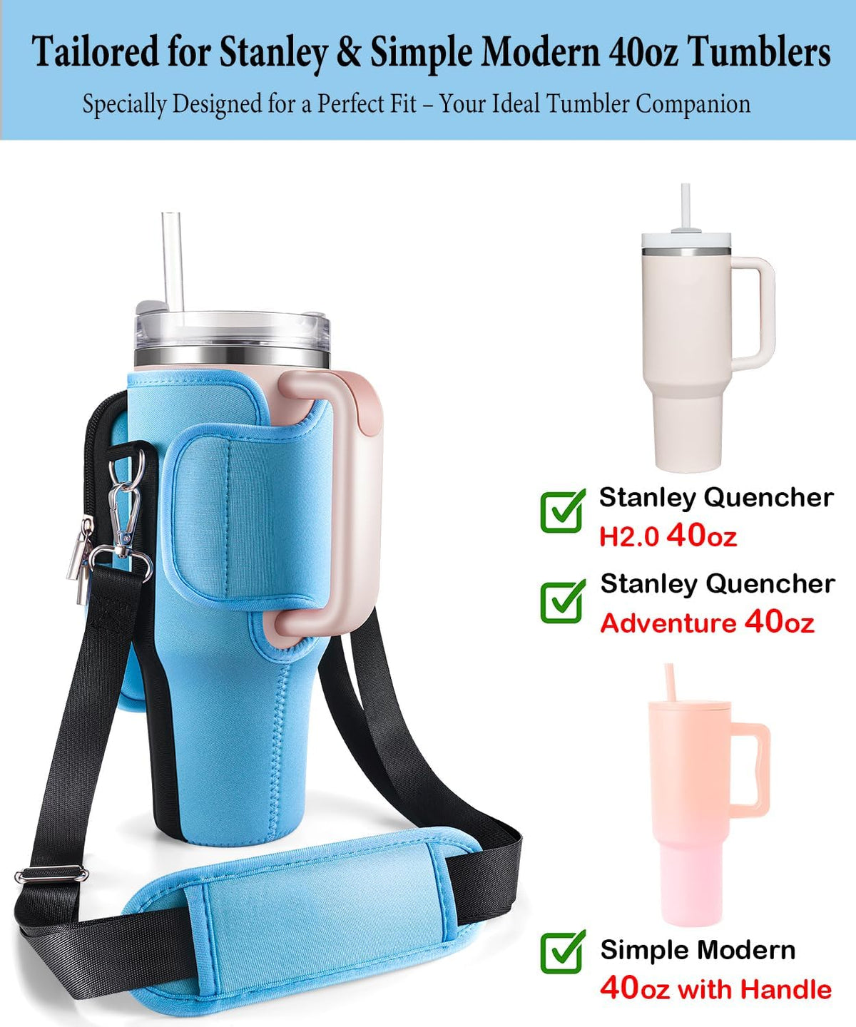Water Bottle Carrier Bag for Stanley Cup 40 oz with Phone & Storage Pockets