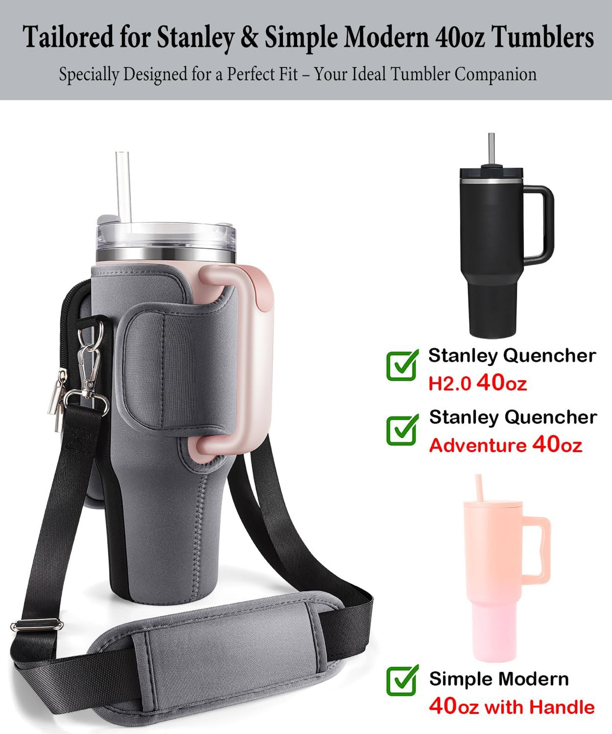 Water Bottle Carrier Bag for Stanley Cup 40 oz with Phone & Storage Pockets