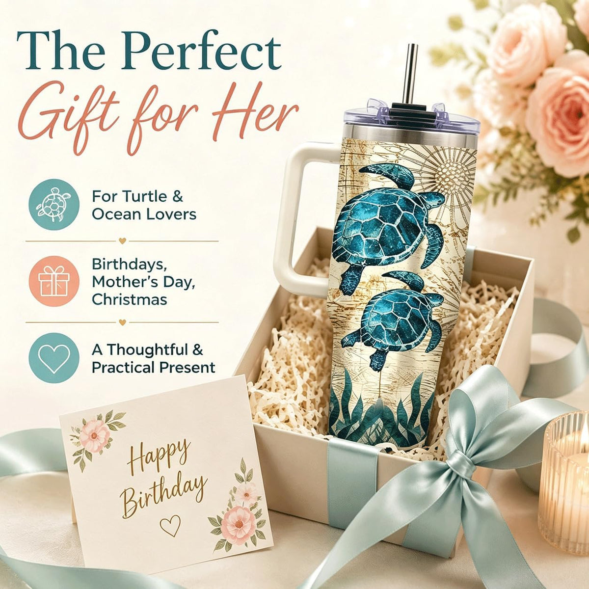 Sea Turtle Tumbler 40 oz with Handle, Ocean Lover Gifts for Women, Insulated Stainless Steel Cup with Straw, Beach Lover Gift for Sea Turtle Lovers, Coastal Travel Drinkware - Colors B
