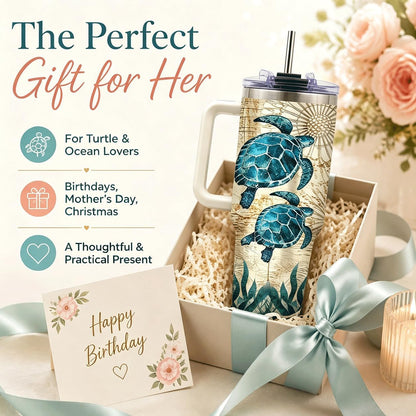 Sea Turtle Tumbler 40 oz with Handle, Ocean Lover Gifts for Women, Insulated Stainless Steel Cup with Straw, Beach Lover Gift for Sea Turtle Lovers, Coastal Travel Drinkware - Colors B