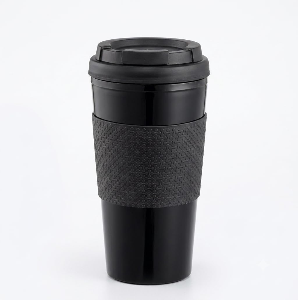 Reusable Coffee Travel Mug 16oz with Lid - BPA Free Plastic Tumbler, Leak Resistant, Insulated Grip Sleeve, Hot & Cold Drinks, Travel Cup Blue (Gray)