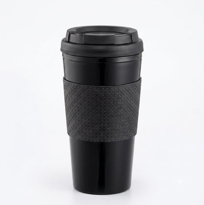 Reusable Coffee Travel Mug 16oz with Lid - BPA Free Plastic Tumbler, Leak Resistant, Insulated Grip Sleeve, Hot & Cold Drinks, Travel Cup Blue (Gray)