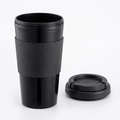 Reusable Coffee Travel Mug 16oz with Lid - BPA Free Plastic Tumbler, Leak Resistant, Insulated Grip Sleeve, Hot & Cold Drinks, Travel Cup Blue (Gray)