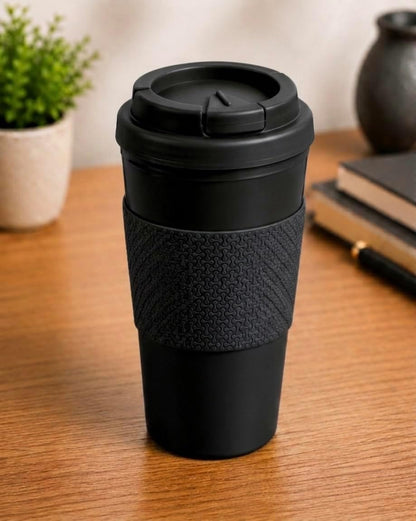 Reusable Coffee Travel Mug 16oz with Lid - BPA Free Plastic Tumbler, Leak Resistant, Insulated Grip Sleeve, Hot & Cold Drinks, Travel Cup Blue (Gray)