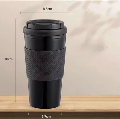 Reusable Coffee Travel Mug 16oz with Lid - BPA Free Plastic Tumbler, Leak Resistant, Insulated Grip Sleeve, Hot & Cold Drinks, Travel Cup Blue (Gray)