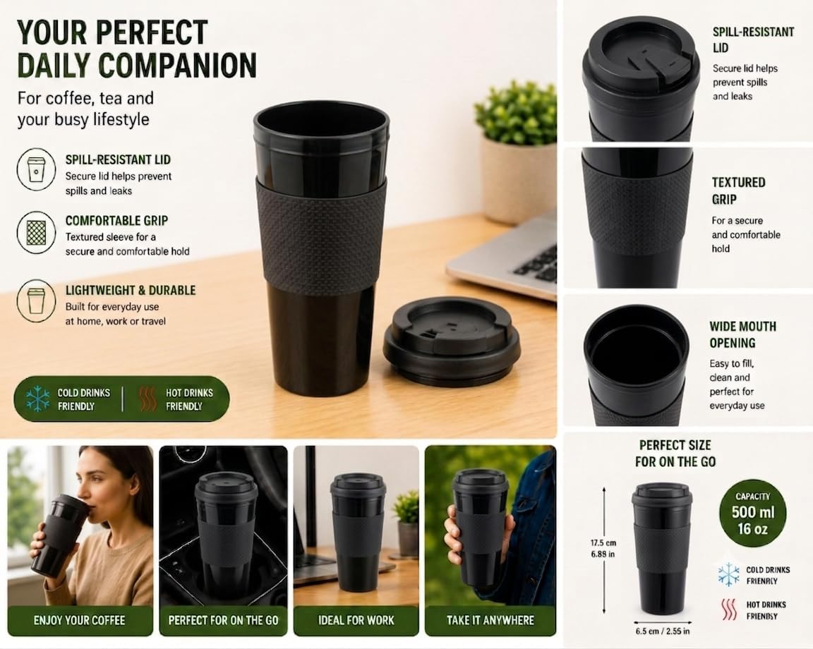 Reusable Coffee Travel Mug 16oz with Lid - BPA Free Plastic Tumbler, Leak Resistant, Insulated Grip Sleeve, Hot & Cold Drinks, Travel Cup Blue (Gray)