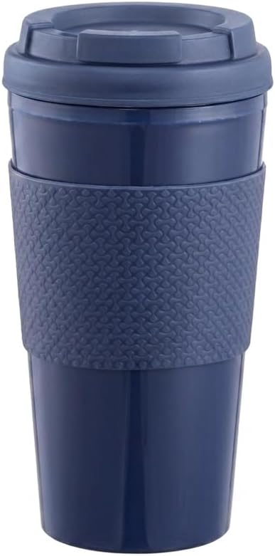 Reusable Coffee Travel Mug 16oz with Lid - BPA Free Plastic Tumbler, Leak Resistant, Insulated Grip Sleeve, Hot & Cold Drinks, Travel Cup Blue (Gray)