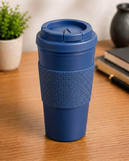 Reusable Coffee Travel Mug 16oz with Lid - BPA Free Plastic Tumbler, Leak Resistant, Insulated Grip Sleeve, Hot & Cold Drinks, Travel Cup Blue (Gray)