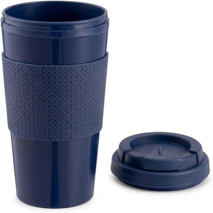 Reusable Coffee Travel Mug 16oz with Lid - BPA Free Plastic Tumbler, Leak Resistant, Insulated Grip Sleeve, Hot & Cold Drinks, Travel Cup Blue (Gray)