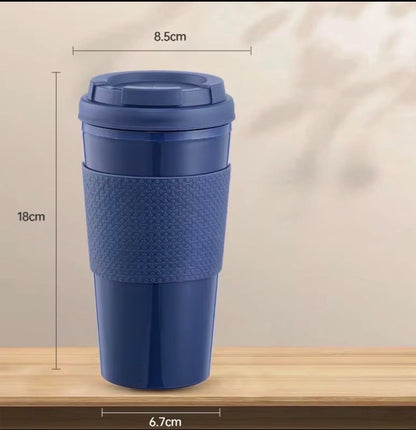 Reusable Coffee Travel Mug 16oz with Lid - BPA Free Plastic Tumbler, Leak Resistant, Insulated Grip Sleeve, Hot & Cold Drinks, Travel Cup Blue (Gray)