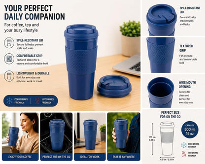 Reusable Coffee Travel Mug 16oz with Lid - BPA Free Plastic Tumbler, Leak Resistant, Insulated Grip Sleeve, Hot & Cold Drinks, Travel Cup Blue (Gray)