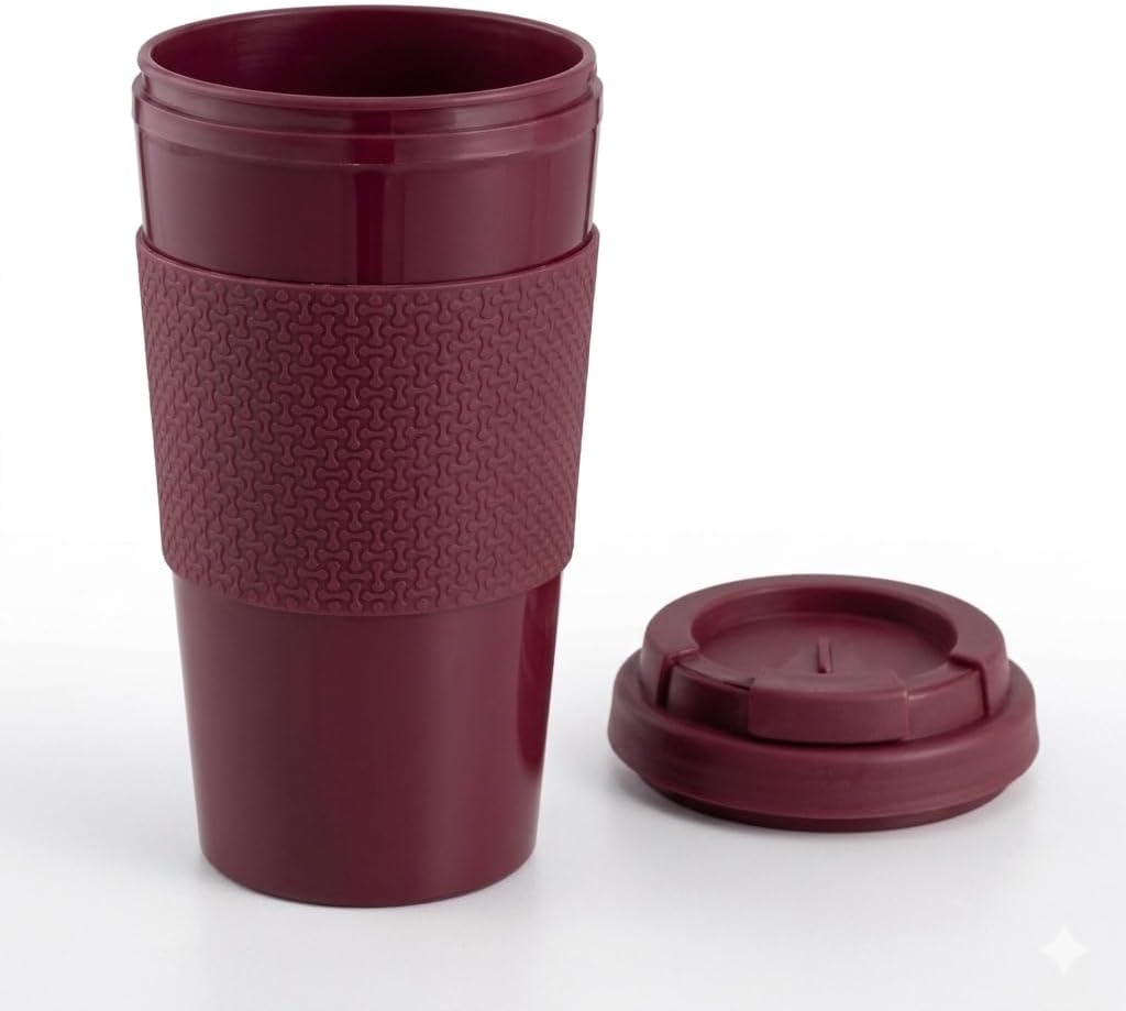 Reusable Coffee Travel Mug 16oz with Lid - BPA Free Plastic Tumbler, Leak Resistant, Insulated Grip Sleeve, Hot & Cold Drinks, Travel Cup Blue (Gray)