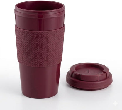 Reusable Coffee Travel Mug 16oz with Lid - BPA Free Plastic Tumbler, Leak Resistant, Insulated Grip Sleeve, Hot & Cold Drinks, Travel Cup Blue (Gray)