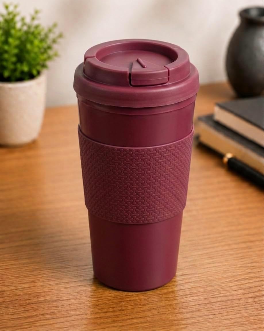 Reusable Coffee Travel Mug 16oz with Lid - BPA Free Plastic Tumbler, Leak Resistant, Insulated Grip Sleeve, Hot & Cold Drinks, Travel Cup Blue (Gray)