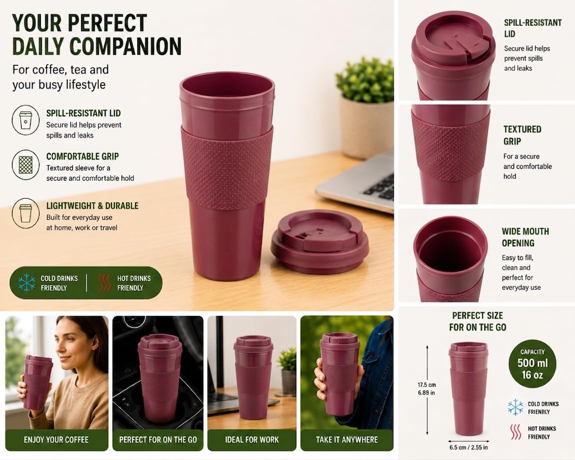 Reusable Coffee Travel Mug 16oz with Lid - BPA Free Plastic Tumbler, Leak Resistant, Insulated Grip Sleeve, Hot & Cold Drinks, Travel Cup Blue (Gray)