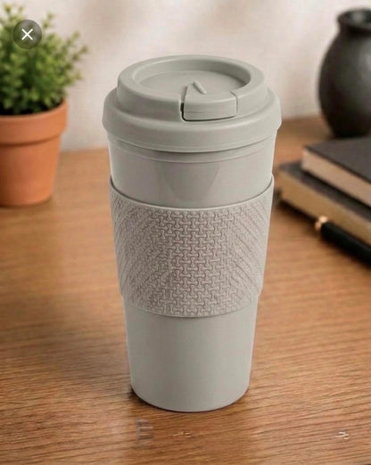 Reusable Coffee Travel Mug 16oz with Lid - BPA Free Plastic Tumbler, Leak Resistant, Insulated Grip Sleeve, Hot & Cold Drinks, Travel Cup Blue (Gray)