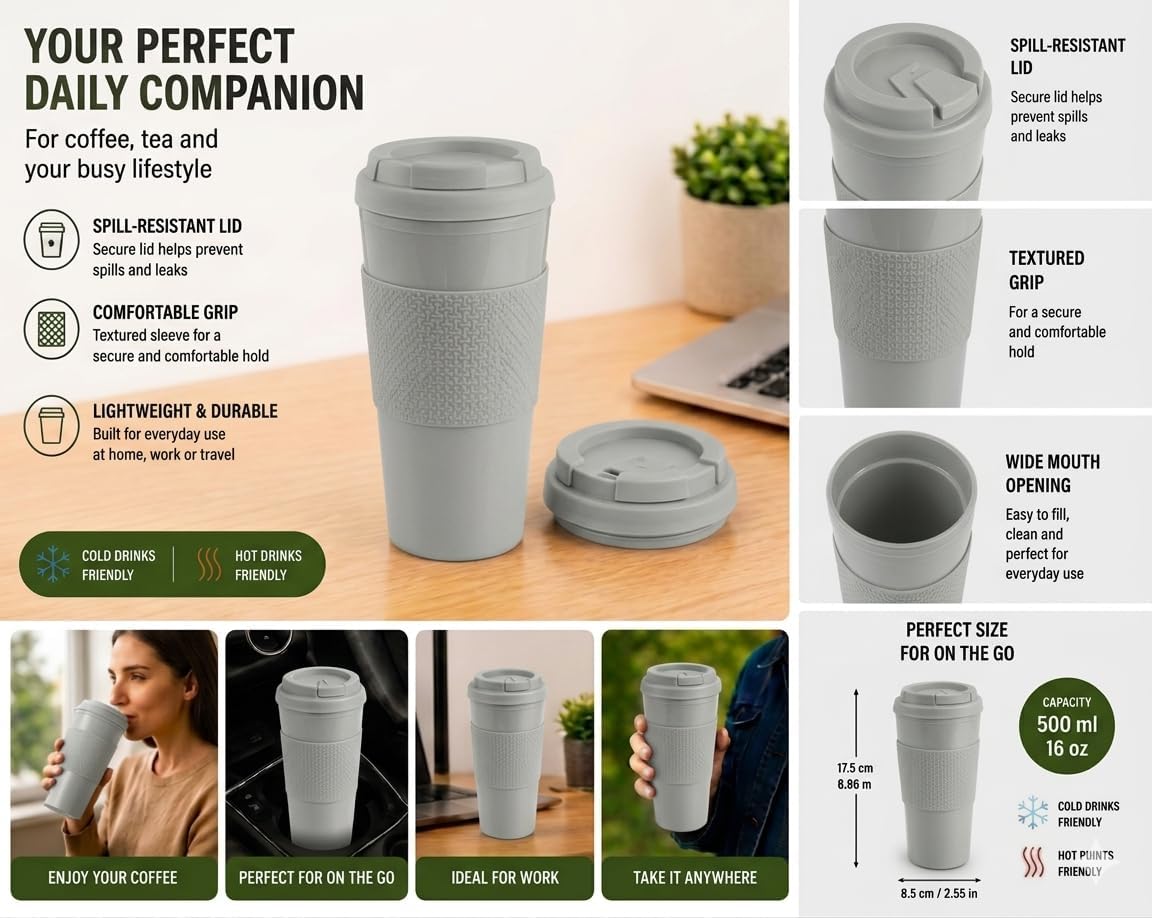 Reusable Coffee Travel Mug 16oz with Lid - BPA Free Plastic Tumbler, Leak Resistant, Insulated Grip Sleeve, Hot & Cold Drinks, Travel Cup Blue (Gray)