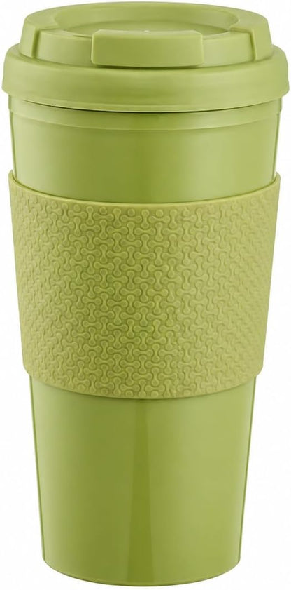 Reusable Coffee Travel Mug 16oz with Lid - BPA Free Plastic Tumbler, Leak Resistant, Insulated Grip Sleeve, Hot & Cold Drinks, Travel Cup Blue (Gray)
