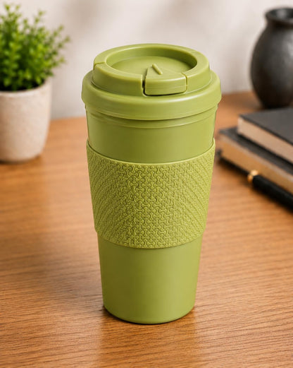 Reusable Coffee Travel Mug 16oz with Lid - BPA Free Plastic Tumbler, Leak Resistant, Insulated Grip Sleeve, Hot & Cold Drinks, Travel Cup Blue (Gray)