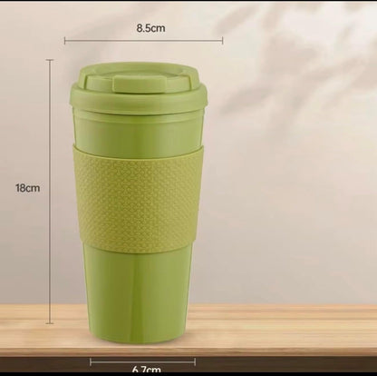Reusable Coffee Travel Mug 16oz with Lid - BPA Free Plastic Tumbler, Leak Resistant, Insulated Grip Sleeve, Hot & Cold Drinks, Travel Cup Blue (Gray)