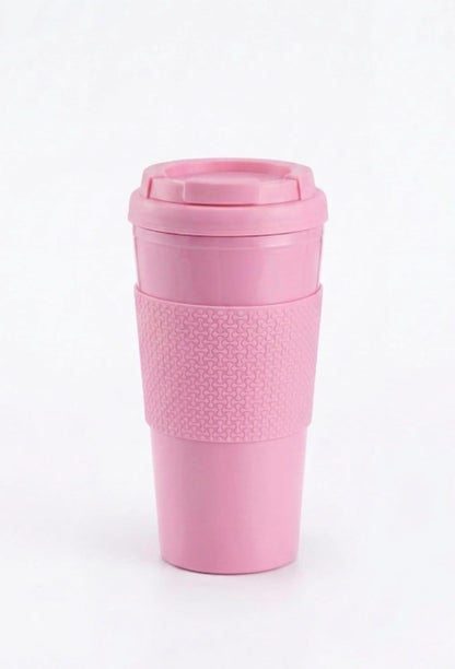 Reusable Coffee Travel Mug 16oz with Lid - BPA Free Plastic Tumbler, Leak Resistant, Insulated Grip Sleeve, Hot & Cold Drinks, Travel Cup Blue (Gray)