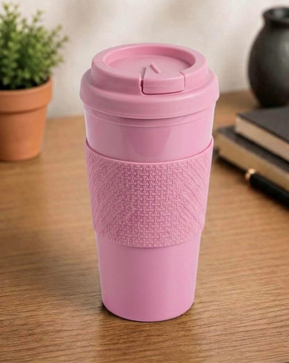 Reusable Coffee Travel Mug 16oz with Lid - BPA Free Plastic Tumbler, Leak Resistant, Insulated Grip Sleeve, Hot & Cold Drinks, Travel Cup Blue (Gray)