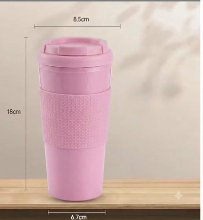 Reusable Coffee Travel Mug 16oz with Lid - BPA Free Plastic Tumbler, Leak Resistant, Insulated Grip Sleeve, Hot & Cold Drinks, Travel Cup Blue (Gray)