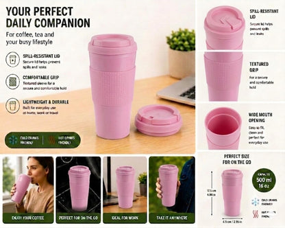 Reusable Coffee Travel Mug 16oz with Lid - BPA Free Plastic Tumbler, Leak Resistant, Insulated Grip Sleeve, Hot & Cold Drinks, Travel Cup Blue (Gray)