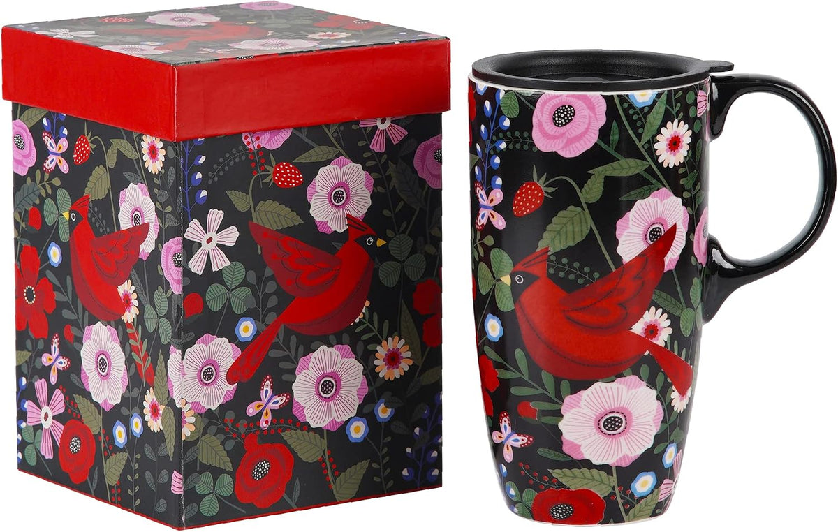 17oz Tropical Leaf Ceramic Travel Coffee Mug with Lid & Matching Gift Box | Microwave & Dishwasher Safe, Cup Holder Friendly, Commute Office Home Use, Large Latte Cocoa Tea Cup, Ergonomic Handle