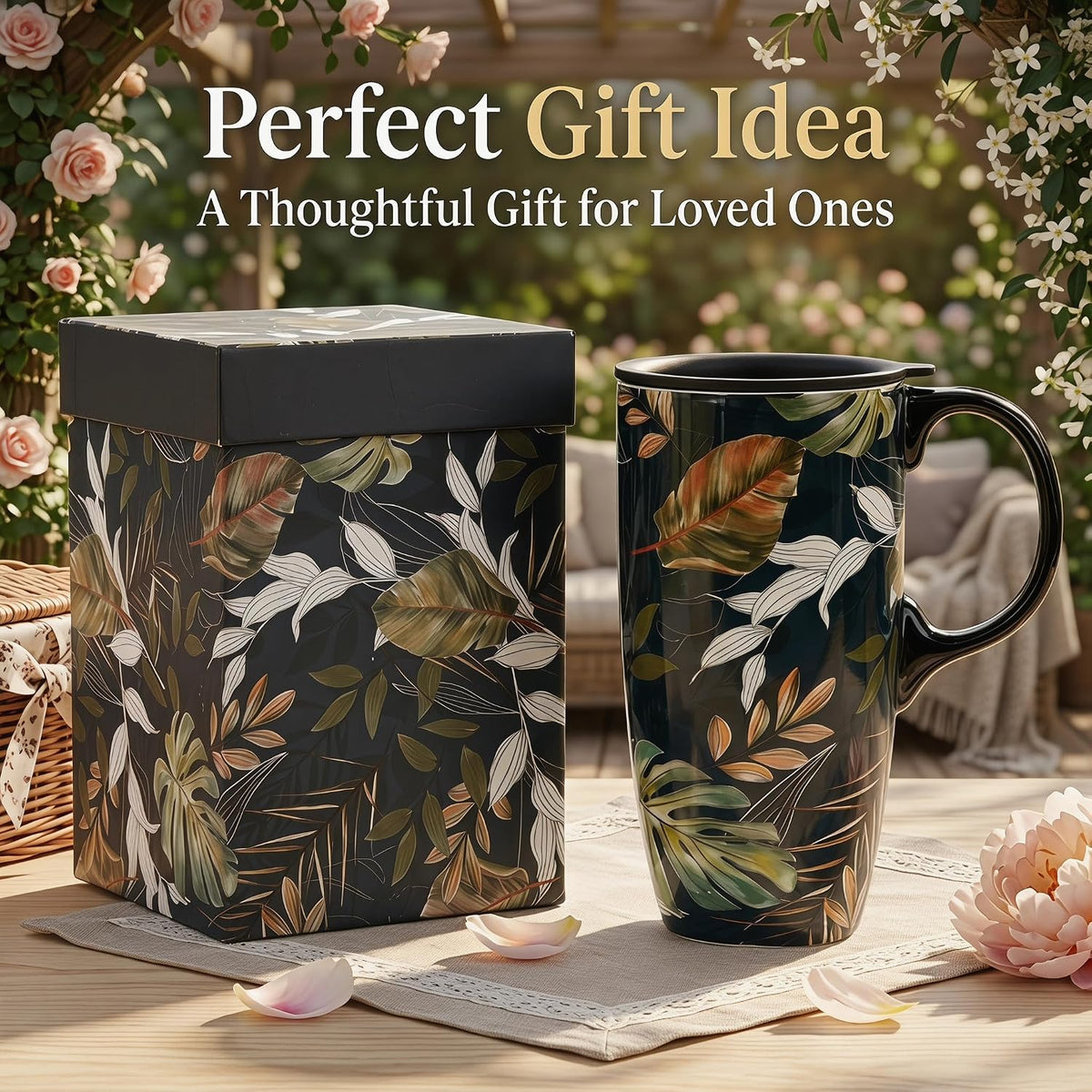 17oz Tropical Leaf Ceramic Travel Coffee Mug with Lid & Matching Gift Box | Microwave & Dishwasher Safe, Cup Holder Friendly, Commute Office Home Use, Large Latte Cocoa Tea Cup, Ergonomic Handle