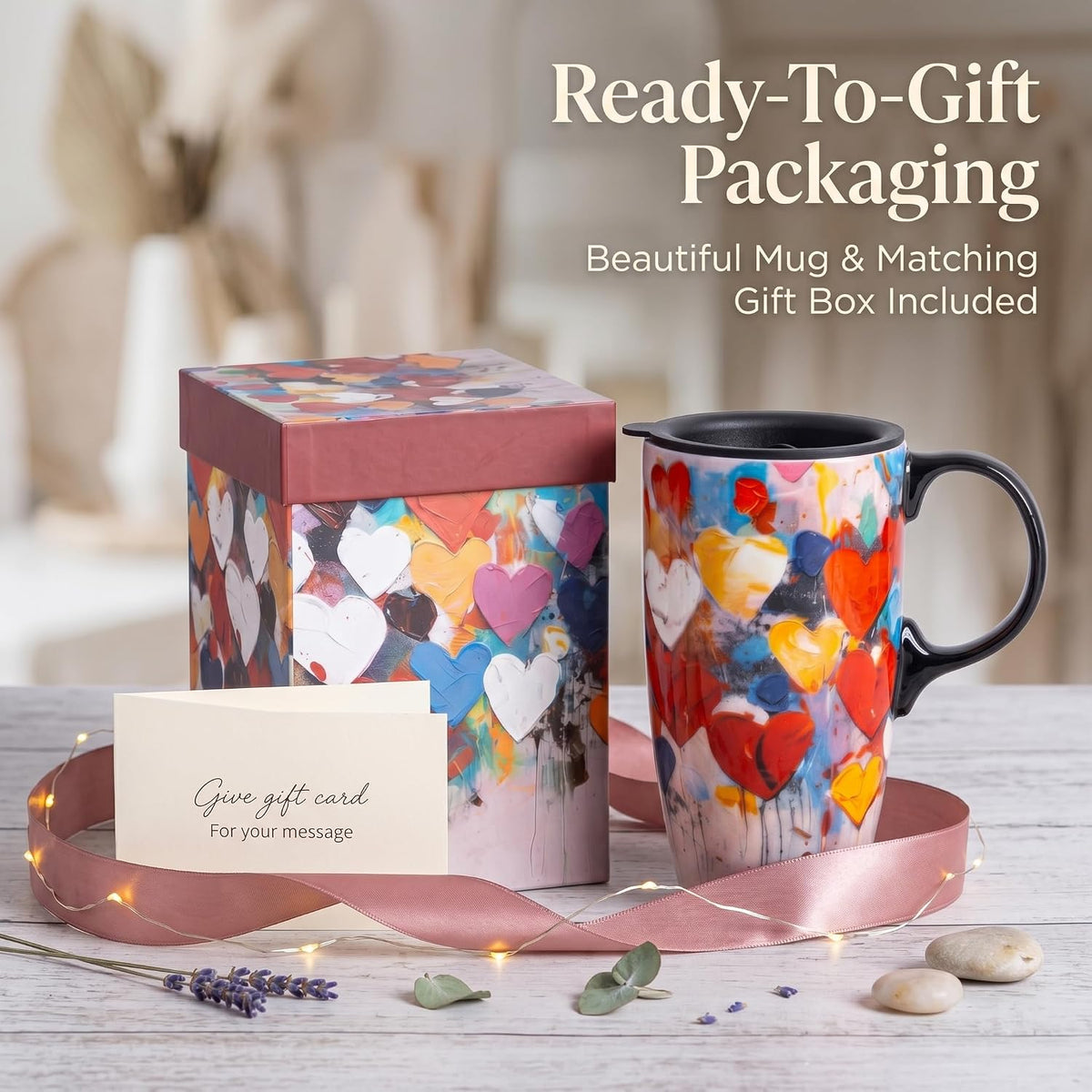 17oz Tropical Leaf Ceramic Travel Coffee Mug with Lid & Matching Gift Box | Microwave & Dishwasher Safe, Cup Holder Friendly, Commute Office Home Use, Large Latte Cocoa Tea Cup, Ergonomic Handle