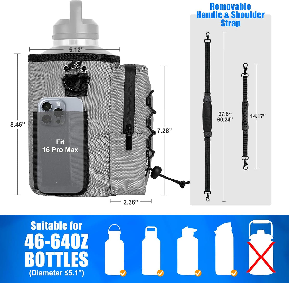 Magnetic Gym Bag for Men and Women - Magnet Water Bottle Holder Sling Carrier with Crossbody Shoulder Strap,Gym Accessories Pouch,Phone Pockets for Sports,Walking,Travel,Workout