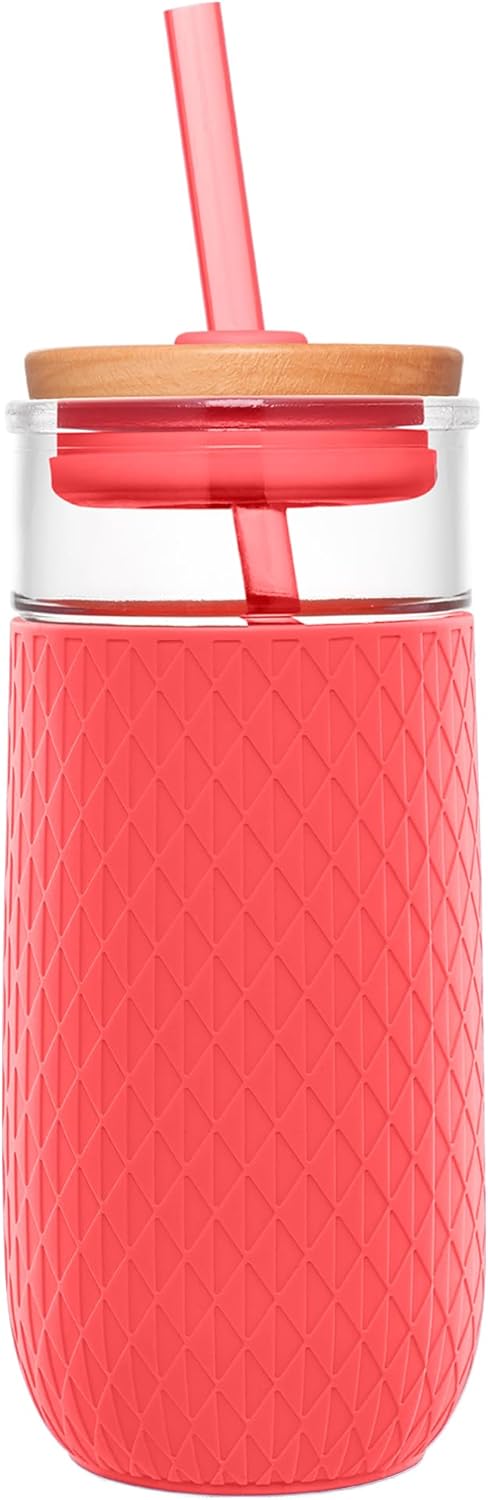 Devon Glass Tumbler , Protective No Sweat Silicone Sleeve and Splash Proof Wooden Detail Lid with Straw, 18 oz | Glass smoothie cup with friction-fit lid. BPA-free, great for iced coffee, tea, and cold drinks.