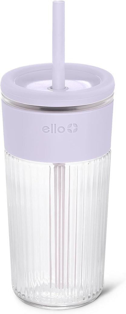 Devon Glass Tumbler , Protective No Sweat Silicone Sleeve and Splash Proof Wooden Detail Lid with Straw, 18 oz | Glass smoothie cup with friction-fit lid. BPA-free, great for iced coffee, tea, and cold drinks.