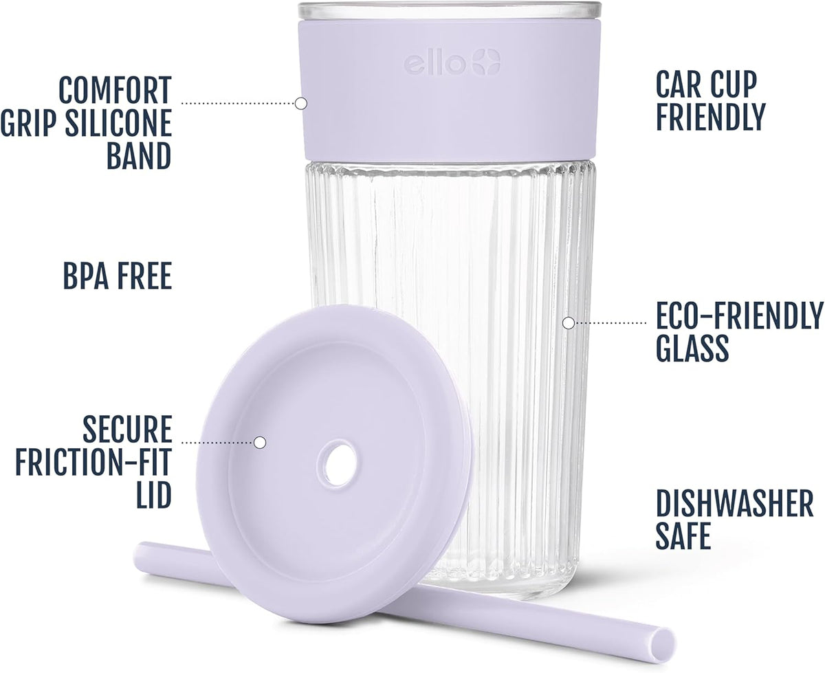 Devon Glass Tumbler , Protective No Sweat Silicone Sleeve and Splash Proof Wooden Detail Lid with Straw, 18 oz | Glass smoothie cup with friction-fit lid. BPA-free, great for iced coffee, tea, and cold drinks.