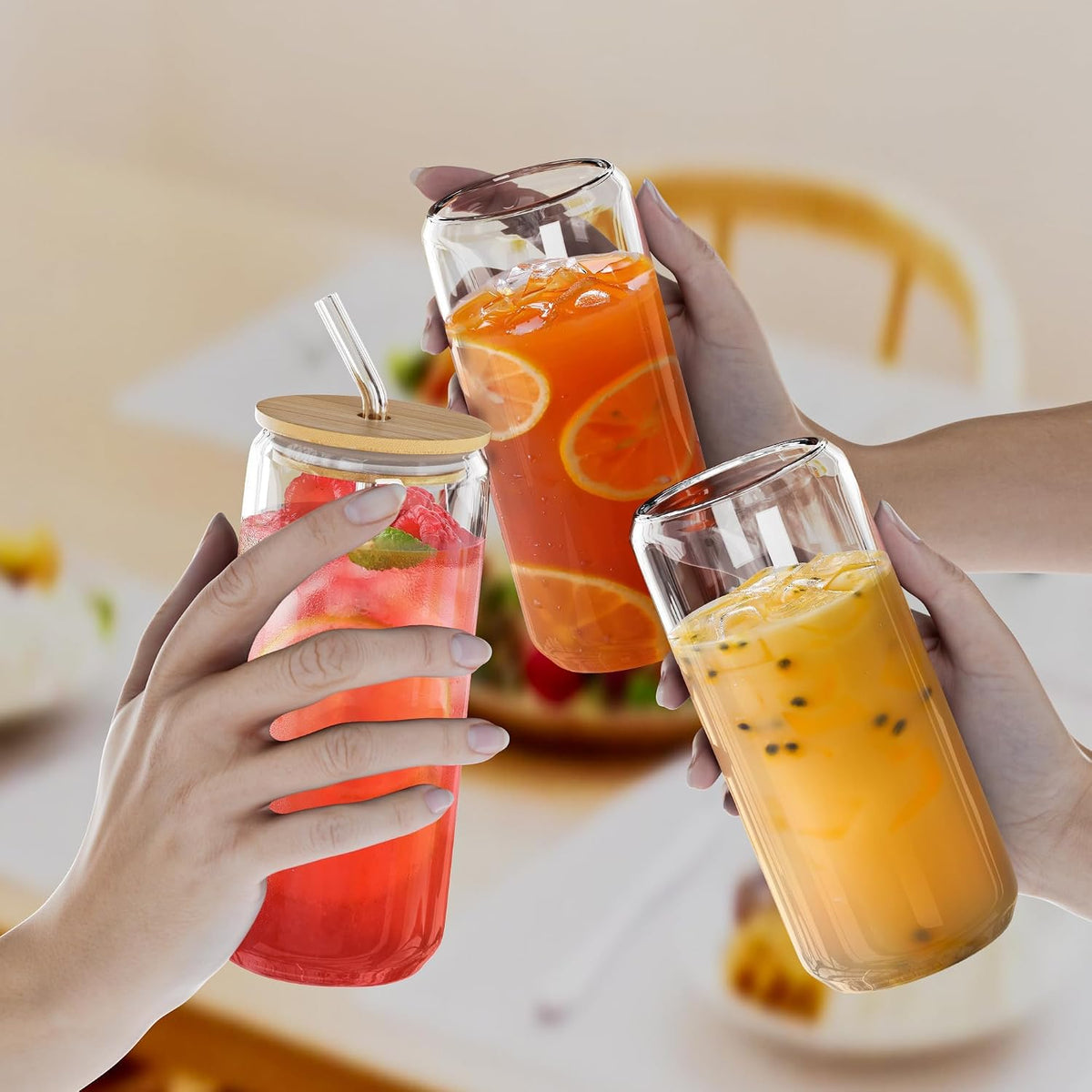 12Pcs Glass Cups with Bamboo Lids and Straws, 16oz Can Shaped Glass Tumbler