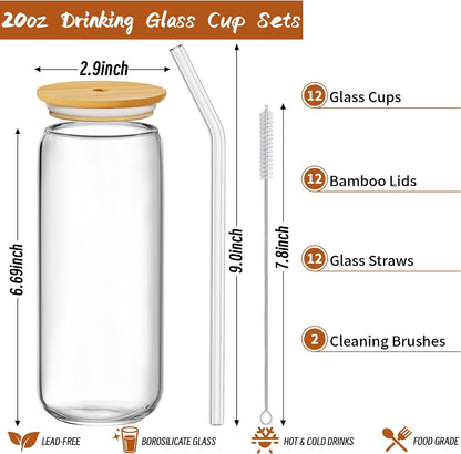 12Pcs Glass Cups with Bamboo Lids and Straws, 16oz Can Shaped Glass Tumbler