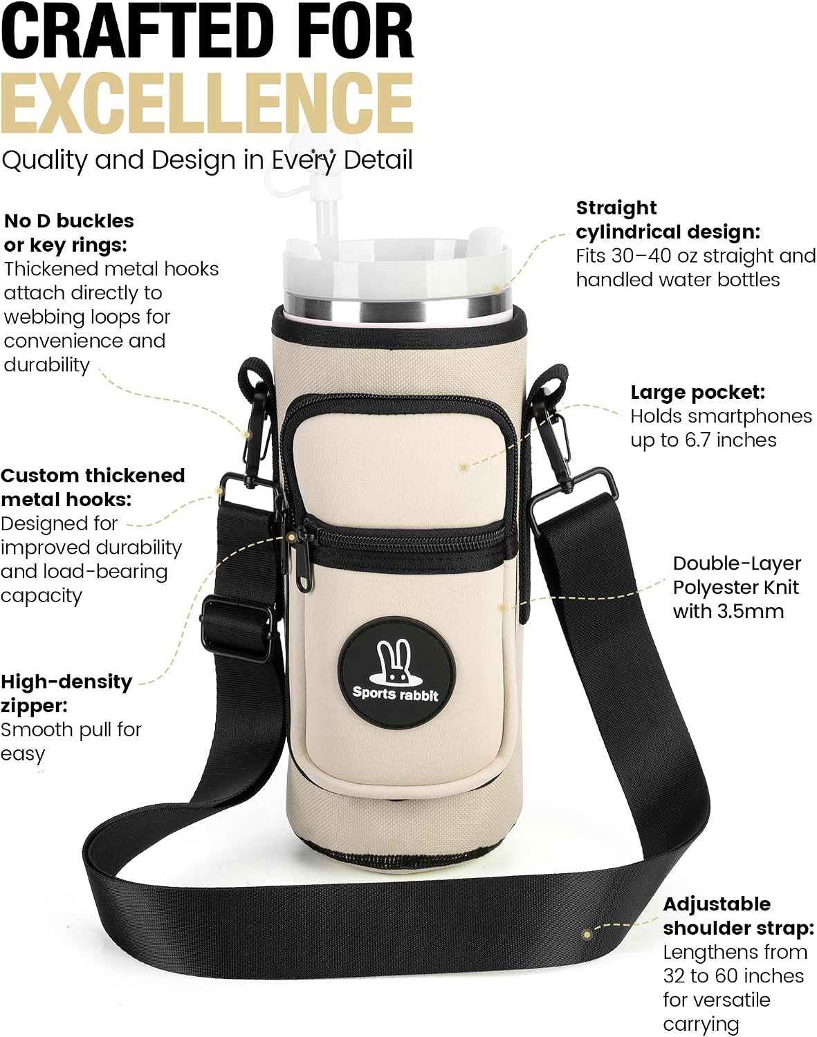 Universal Water Bottle Holder with Strap & Phone Pocket