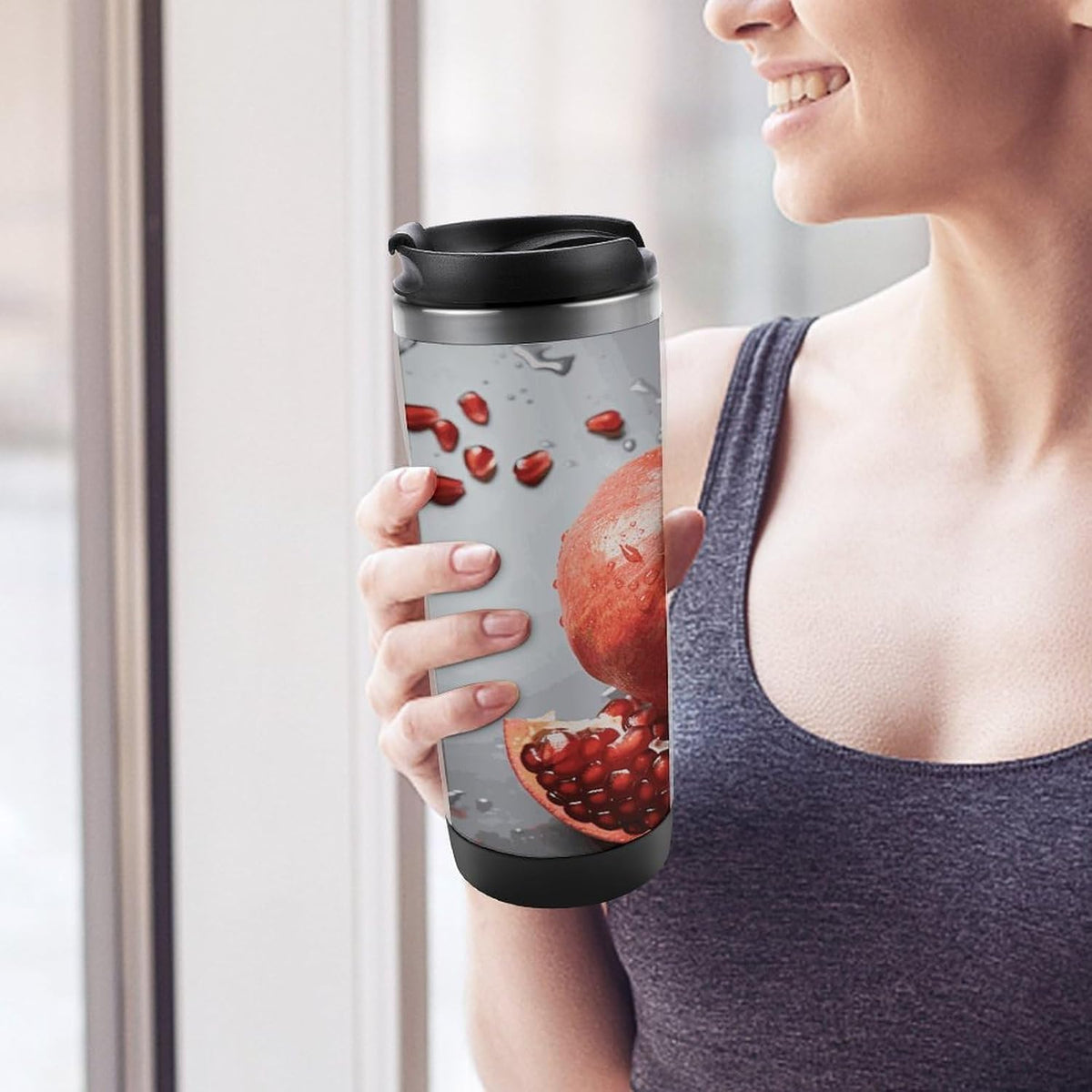 Pomegranate Travel Mugs Reusable Leak-Proof Car Cup Stainless Steel Inner Liner Tumbler Fashion Double-Layer Insulated Coffee Mug for Camping Office Vehicles