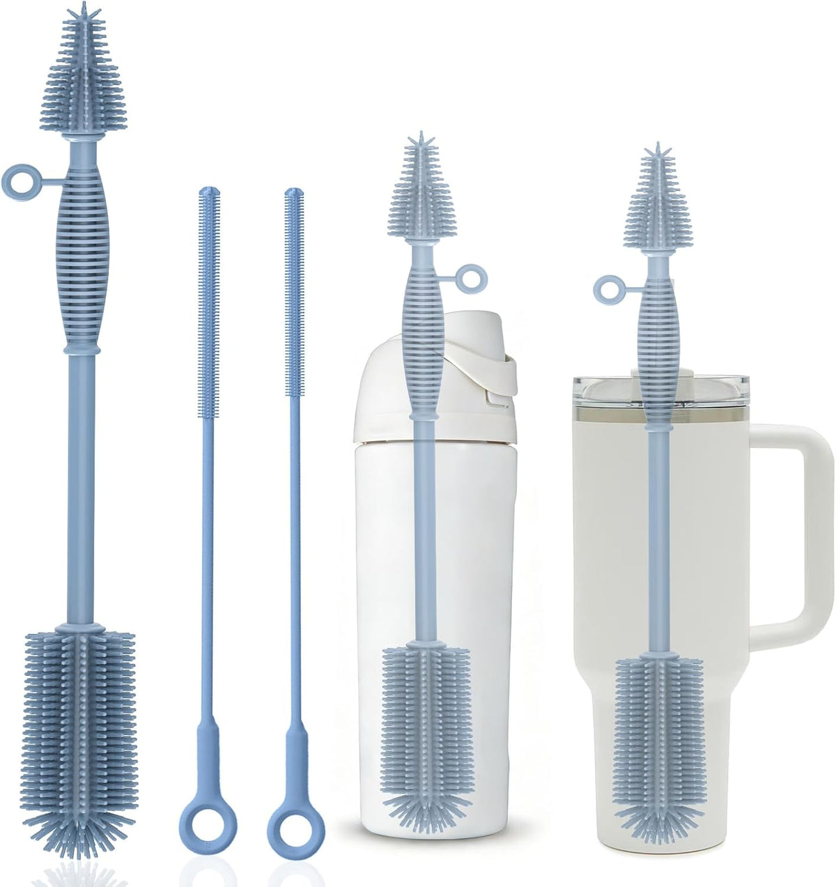 Bottle Brush & Straw Cleaner Brush Set,Silicone Bottle Brush with Sturdy Handle for Water Bottles,Tumblers,Baby Bottles,Long Flexible Straw Cleaner Brush for Standard Straws(Blue)
