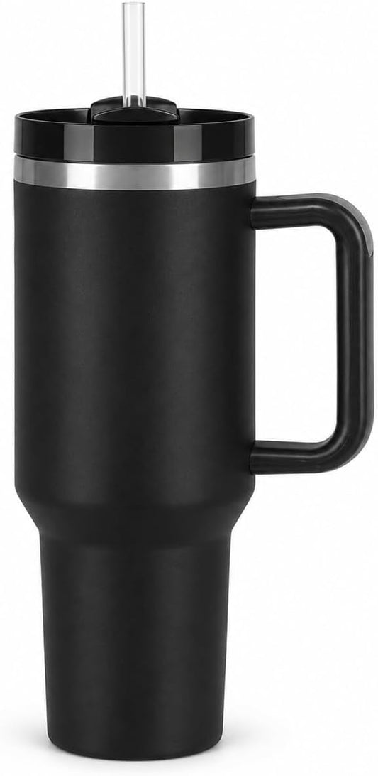 40 oz Tumbler with Handle and Straw, Vacuum Insulated Stainless Steel Travel Mug, Leak-Resistant Flip Lid, Matte Black