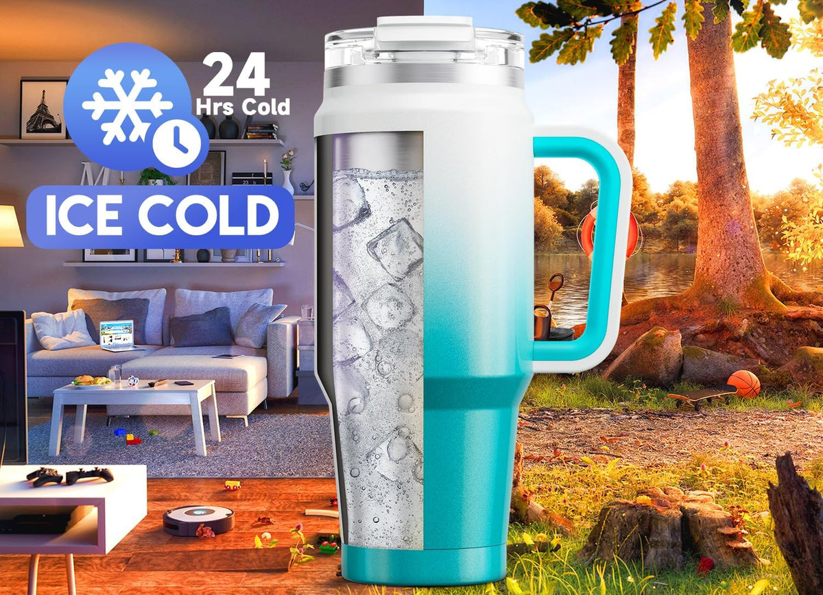 32 oz Tumbler with Handle, Insulated Tumbler with Lid and Straw, Stainless Steel Travel Mug, Keeps Cold for 24 Hours, 100% Leak Proof, Fits in Car Cup Holder (Night)