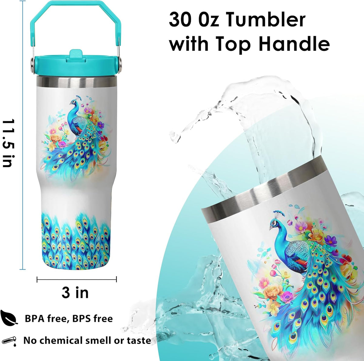 30 oz Peacock Blue Flip Straw Tumbler with Top Handle for Peacock Blue Lover Resuable Vacuum Insulated Flip Top Water bottle for Home Office Car