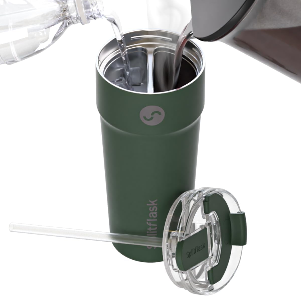 Splitflask Dual‑Chamber 30‑oz Travel Mug – Vacuum Insulated Stainless‑Steel Hot & Cold Tumbler, Leak‑Proof Lid, Cup‑Holder Friendly, BPA‑Free.