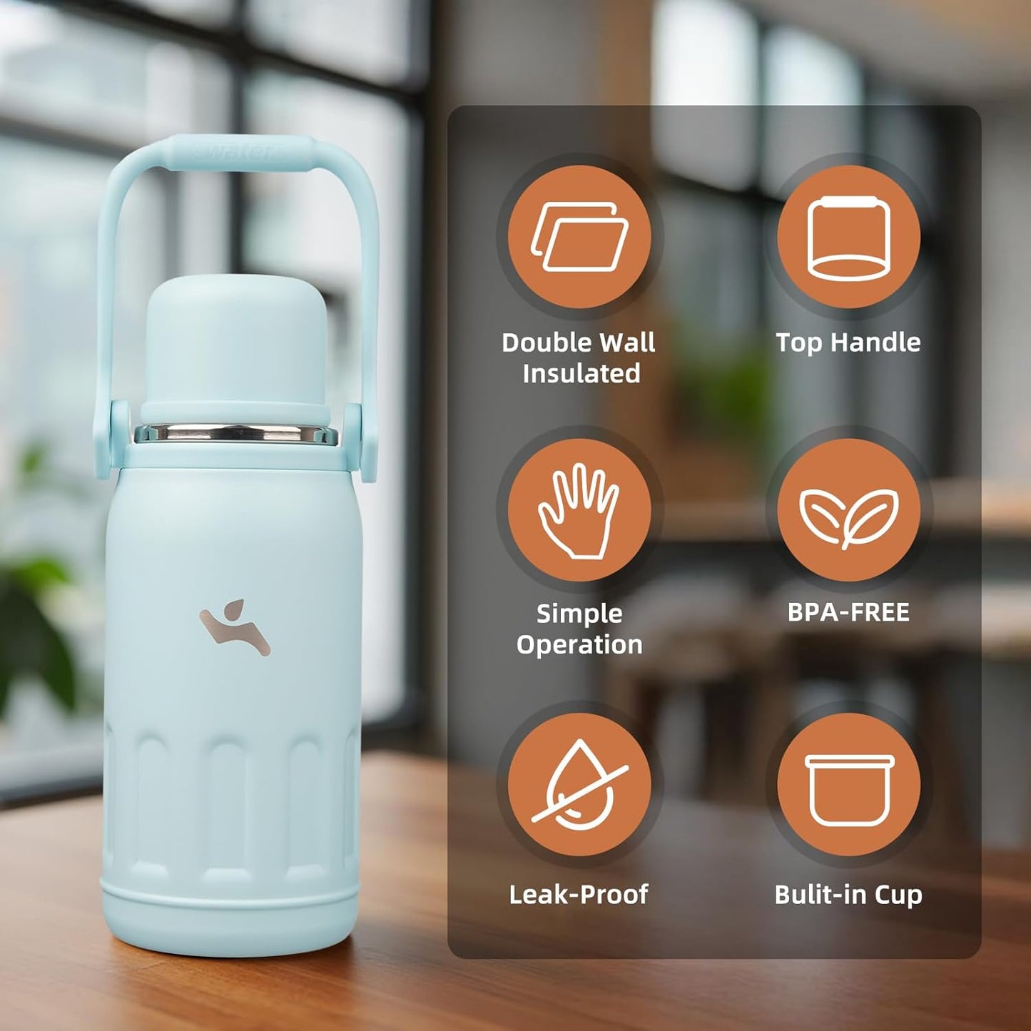 27oz Thermos for Cold Drinks, Insulated Water Bottle, Blue Haze | Stainless steel, BPA-free. Keeps hot 12h, cold 24h. Leak-proof with handle, strap & cup lid for coffee, tea, travel, outdoor